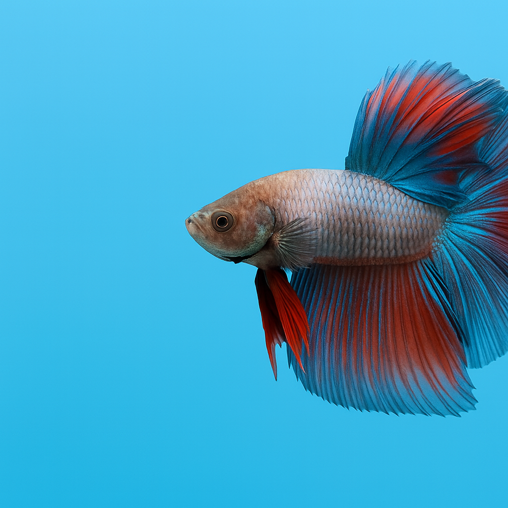 Photorealistic Betta fish with vibrant red and blue fins swimming gracefully on a light aqua background, positioned to the right, leaving empty space on the left for text.